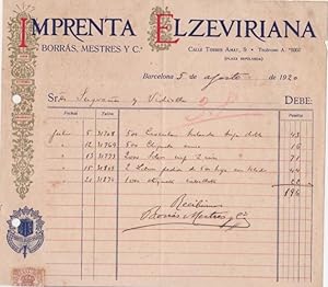 RECIBO. IMPRENTA ELZEVIRIANA DE BORRÁS MESTRES Y CIA. BARCELONA, 1920 (Coleccionismo Papel/Docume...