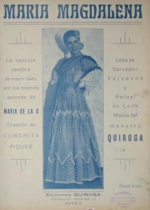 PARTITURA MARIA MAGDALENA. VALVERDE, LEÓN Y QUIROGA. CONCHITA PIQUER. S.G.A.E., 1939. (Música, Di...