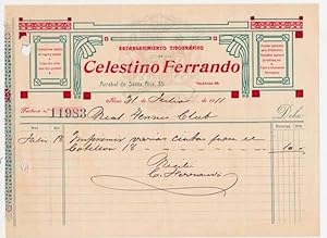 RECIBO. CELESTINO FERRANDO. ESTABLECIMIENTO TIPOGRÁFICO. REUS, 1911 (Coleccionismo Papel/Document...