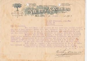 CARTA COMERCIAL. NIETO Y NAVARRO. QUINCALLA, PAQUETERÍA Y MERCERÍA. ALICANTE, 1923 (Coleccionismo...