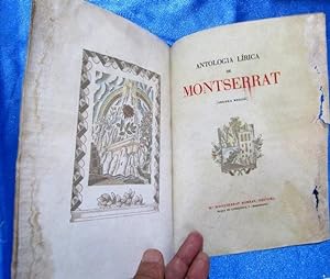 PORTADA I FULL DE PERGAMÍ ACOLORIT A MÀ DE LA ANTOLOGIA LÍRICA DE MONTSERRAT. EDITORIAL ESTEL, 19...