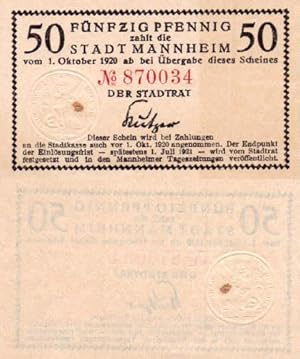 Imagen del vendedor de Notgeld der Stadt Mannheim. Schein ber 50 Pfennig. a la venta por Antiquariat Heinz Tessin