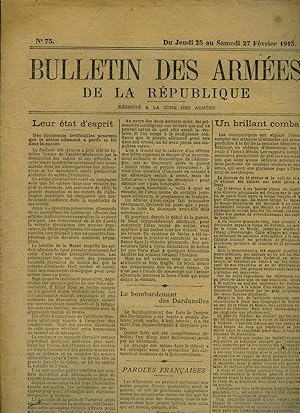 Bild des Verkufers fr Bulletin des armes de la Rpublique n75 + supplment - Du Jeudi 25 au Samedi 27 fvrier 1915 : zum Verkauf von Le-Livre