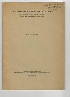 Seller image for Macdonald's Bibliography of Dryden: An Annotated Check List of Selected American Libraries for sale by Leopolis