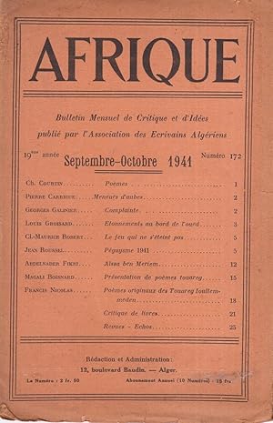 AFRIQUE. Bulletin mensuel de Critique et d'Idées publié par l'Association des Écrivains Algériens...