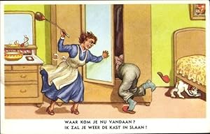 Künstler Ansichtskarte / Postkarte Wütende Ehefrau, Ehemann flüchtet in Schrank