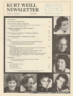 Bild des Verkufers fr Kurt Weill Newsletter Volume 12, Number 2 Fall 1994 zum Verkauf von Programmhefte24 Schauspiel und Musiktheater der letzten 150 Jahre
