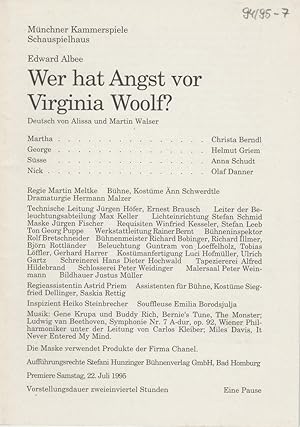 Bild des Verkufers fr Programmheft Wer hat Angst vor Virginia Woolf ? Premiere 22. Juli 1995 Schauspielhaus Spielzeit 1994 / 95 Heft 7 zum Verkauf von Programmhefte24 Schauspiel und Musiktheater der letzten 150 Jahre