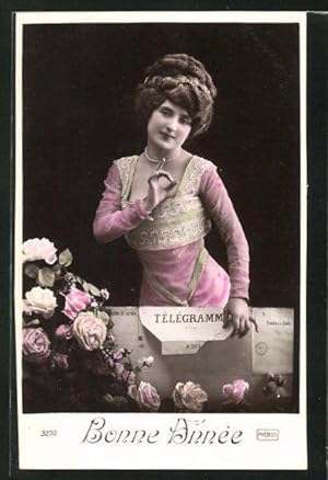 Seller image for Ansichtskarte junge Dame mit Telegram, Bonne Année for sale by Bartko-Reher