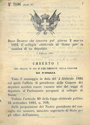 che convoca pel giorno 2 marzo 1884, il collegio elettorale di Siena per la nomina di un deputato.