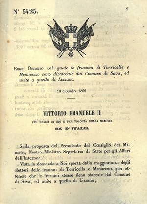 col quale le frazioni di Torricella e Monacizzo sono distaccate dal Comune di Sava, ed unite a qu...