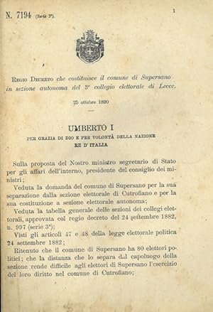 che costituisce il comune di Supersano in sezione autonoma del 3° collegio elettorale di Lecce.