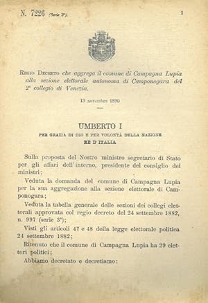 che aggrega il comune di Campagna Lupia alla sezione elettorale autonoma di Camponogara del 2° co...