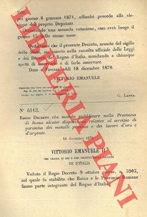 Regio Decreto che manda pubblicare nella Provincia di Roma alcune disposizioni relative al serviz...