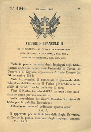 con cui si approva la pianta numerica degli impiegati per la Biblioteca della Regia Università di...