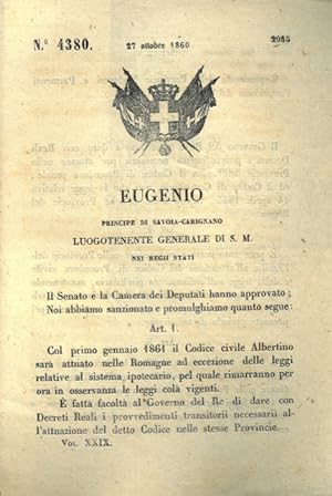 con cui si stabilisce che il codice civile Albertino sarà attuato nelle province della Romagna fa...