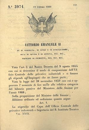 col quale si stabiliscono stipendi dei dipendenti dell'Ufficio Centrale delle privative industriali.