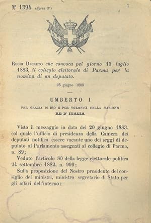 che convoca pel giorno 15 luglio 1883, il collegio elettorale di Parma per la nomina di un deputato.
