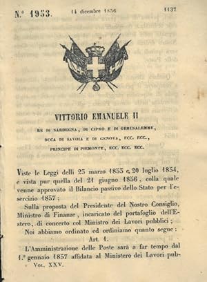 con cui si decide che l'amministrazione delle Poste sarà affidata al Ministero dei Lavori pubblici.