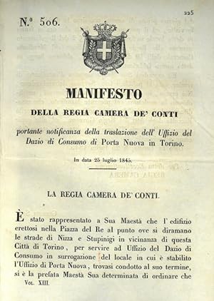 Seller image for recante notifica dello spostamento dell Ufficio di Dazio e Consumo di Porta Nuova in Torino. for sale by Libreria Piani