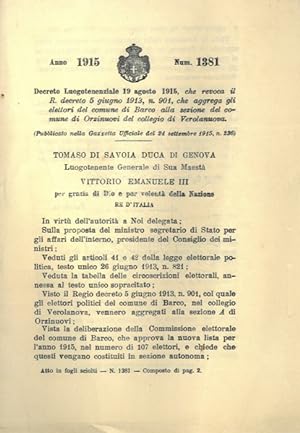 che revoca il R. d. 5 giugno 1913, n. 901, che aggrega gli elettori del comune di Barco alla sezi...