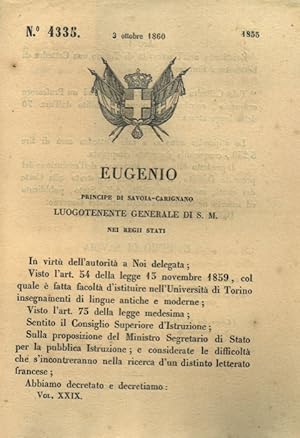 con cui si istituisce una cattedra di Letteratura Francese presso l'Università di Torino.