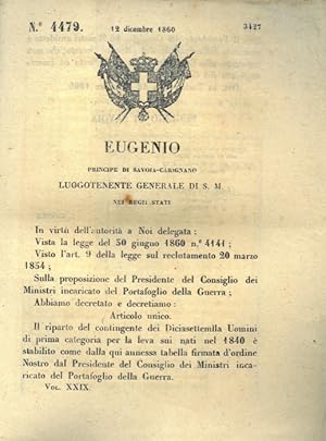 con cui si stabilisce il reparto del contingente per la leva suo nati nel 1840.