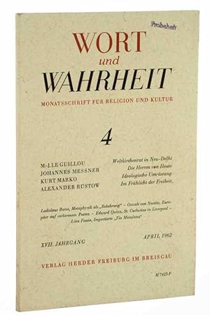 Bild des Verkufers fr Wort und Wahrheit. Zeitschrift fr Religion und Kultur. Jahrgang 17, Heft 4 (April 1962). zum Verkauf von Antiquariat Lehmann-Dronke