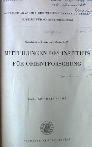 Bild des Verkufers fr Sonderdruck aus der Zeitschrift - Mitteilungen des Instituts fr Orientforschung, Band XIV, Heft 3, Band XV, Heft 1 / Zur frhen Missionarischen Wirksamkeit Manis/ Weiteres zur frhen Missionarischen Wirksamheit Manis / Altorientalische Forschungen, VI./ Hommages et Opera Minora, Monumentum H.S.Nyberg, II. Extrait.(beigebunden) zum Verkauf von books4less (Versandantiquariat Petra Gros GmbH & Co. KG)