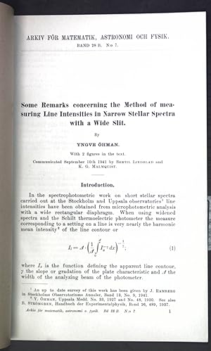 Seller image for Some Remarks concerning the Method of measuring Line Intensities in Narrow Stellar Spectra with a Wide Slit; Arkiv fr Matematik, Astronomi och Fysik, Band 28 B, No. 7; for sale by books4less (Versandantiquariat Petra Gros GmbH & Co. KG)