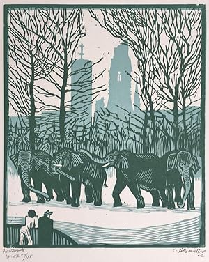 2 handgedruckte Holzschnitte:Freizeit der Berliner Elefanten. 1 Holzschnitte und 1 Farbholzschnitt