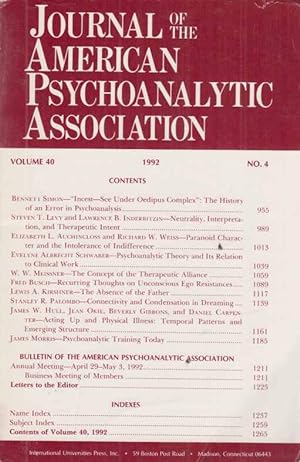 Bild des Verkufers fr Volume 40; 1992. No. 4. Journal of the American Psychoanalytic Association. zum Verkauf von Fundus-Online GbR Borkert Schwarz Zerfa