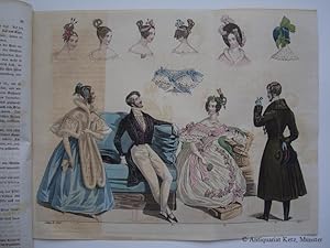 Bild des Verk�ufers f�r Altkolorierter Kupferstich - Mode des Biedermeier: 2 Damenkleider, 2 Herrenanz�ge, Haarmoden. Beiliegt: Tages-Bericht f�r die Modenwelt, Nr. 7, 1 Blatt mit Beschreibung des Kupferstichs. zum Verkauf von Antiquariat Hans-J�rgen Ketz