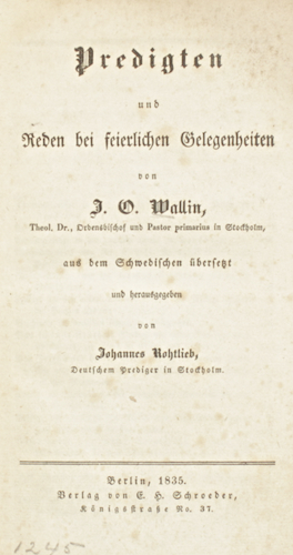 Seller image for Predigten und Reden bei feierlischen Gelegenheiten von . aus dem Schwedischen bersetzt und herausgegeben von Johannes Rothlieb. for sale by Centralantikvariatet