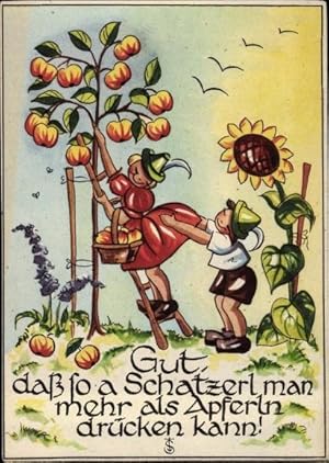 Bild des Verkufers fr Knstler Ansichtskarte / Postkarte Gut, da so a Schatzerl man mehr als Apferln drcken kann, Sonnenblume zum Verkauf von akpool GmbH