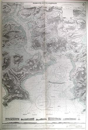 PLYMOUTH SOUND AND HAMOAZE. Very large detailed sea chart of Plymouth Harbour and Plymouth as s...