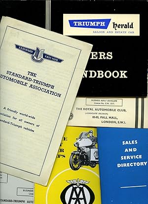 Bild des Verkufers fr Triumph Herald 1200 Saloon and Estate Car Owners Handbook + Sales and Service Directory + 2 Automobile Association Booklets + 'Running In' Car Banner (Publication Part No. 510313) zum Verkauf von Little Stour Books PBFA Member