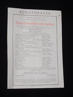 Bild des Verkufers fr Programmzettel Burgtheater Wien 30. November 1942. EINEN JUX WILL ER SICH MACHEN von Nestroy. Regie: Herbert Waniek, Bhnenbild/ Kostme: Stefan Hlawa. Mit Richard Eybner, Maria Kramer, Hermann Thimig, Alma Seidler, Eduard Volters, Marie Mell, Ferdinand Maierhofer, Alexander Trojan, Hermann Wawra, Maria Mayen, Auguste Pnksdy zum Verkauf von Fast alles Theater! Antiquariat fr die darstellenden Knste