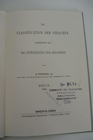 Bild des Verkufers fr Die Classification der Sprachen dargestellt als die Entwickelung der Sprachidee. zum Verkauf von Antiquariat Bookfarm