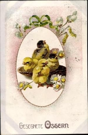 Ansichtskarte / Postkarte Glückwunsch Ostern, Küken, Weidenkätzchen, Gänseblümchen