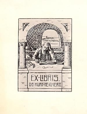 Klischee, "Ex Libris Dr. Kurt Teichert", ca. 12,5 cm x 10,0 cm Büttenkarton. Im Druck monogrammie...
