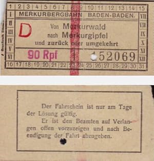 Fahrkarte der Merkurbahn über 90 Rpf von Merkurwald nach Merkurgipfel und zurück oder umgekehrt.