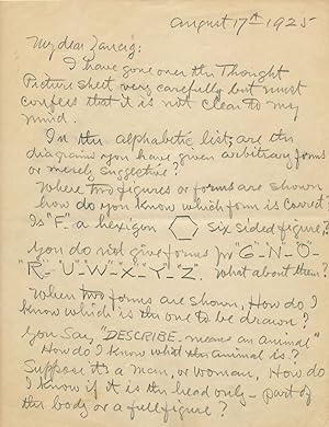 Seller image for Correspondence about Mind Reading between Houdini and mentalist Julius Zancig with illustration, unsigned by Houdini: 1- Zancig Typed Letter unsigned, to Houdini on "Zancig Studio" stationery explaining the mind reading trick "How to Thought Picture"; with envelope addressed to Houdini, postmarked Asbury Park, NJ., August 8, 1925. Zancig wrote "Private" on verso of this letter. 2- A handwritten letter written for Houdini, possibly by his secretary Julie Sawyer, signed for him to mentalist Julius Zancig, in pencil, three separate 4to pages, August 17,1925; Julie Sawyer was the niece of Houdini's wife Bess. 3- Typed Letter unsigned, 2 pp, to Zancig with a hexagram diagram Houdini likely drew, in ink, Aug. 21, 1925 for sale by Schulson Autographs, Ltd.