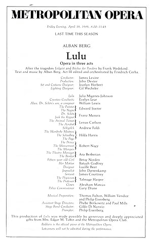 STAGEBILLS: Two Metropolitan Opera [New York] Production Programs: Lulu (1985) & Bluebeard's Cast...