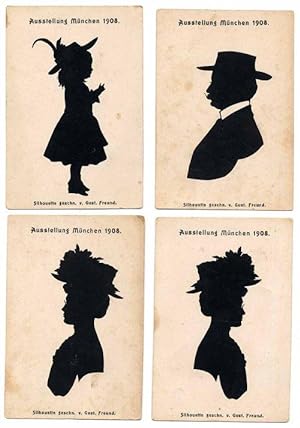 Vier Original-Silhouetten "Ausstellung München 1908" geschnitten von Gustav Freund.