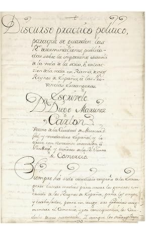 Manuscript on paper entitled: "Discurso practico politico, paraque se guarden las Rs. Determinaci...