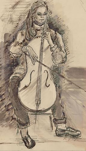 Seller image for Renee Young - Signed 20th Century Pen and Ink Drawing, Female Playing a Cello for sale by Sulis Fine Art