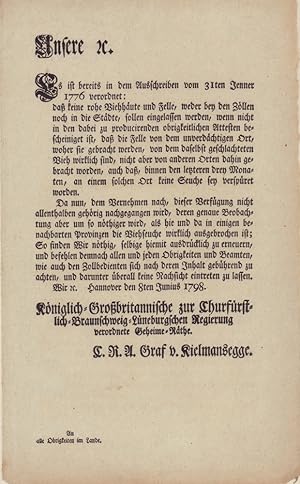 [Erneuerte Verordnung gegen die Einfuhr von rohen Viehhäuten und Fellen ohne Attest, zum Schutz v...