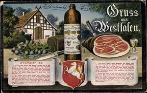 Wappen Ansichtskarte / Postkarte Gruß aus Westfalen, Steinhäger Urquell, Schinken, Pumpernickel