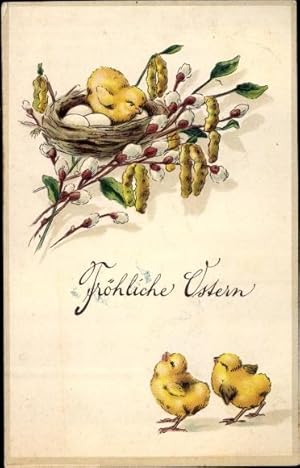 Präge Ansichtskarte / Postkarte Glückwunsch Ostern, Küken, Ostereiernest, Weidenkätzchen